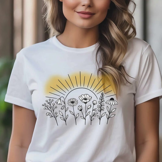 Minimal Wildflower Line Art Tee | Gold Sunrise Halo