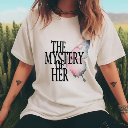 The Mystery of Her Butterfly Tee | Feminine Typography Shirt