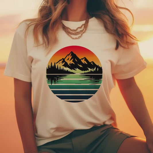 Sunset Mountain Lake Tee | Retro Landscape T-Shirt