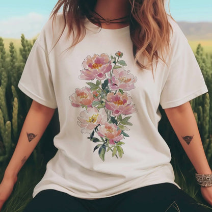Peach Watercolor Peonies T-Shirt | Floral Vertical Bouquet Tee