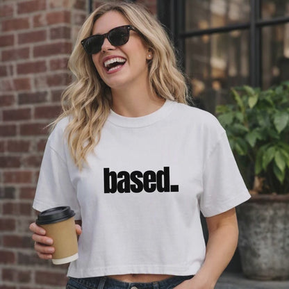 based. Boxy Tee | Minimal Text Graphic, White Cropped Shirt