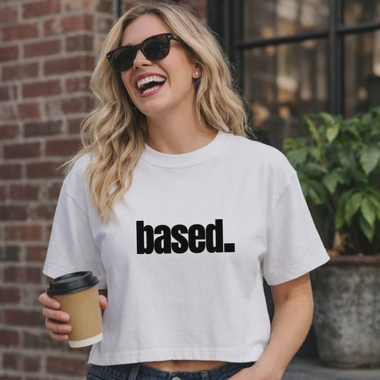 based. Boxy Tee | Minimal Text Graphic, White Cropped Shirt