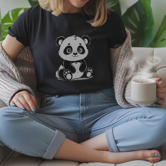 Cute Baby Panda Illustration T-Shirt | Kawaii Black & White Animal Tee