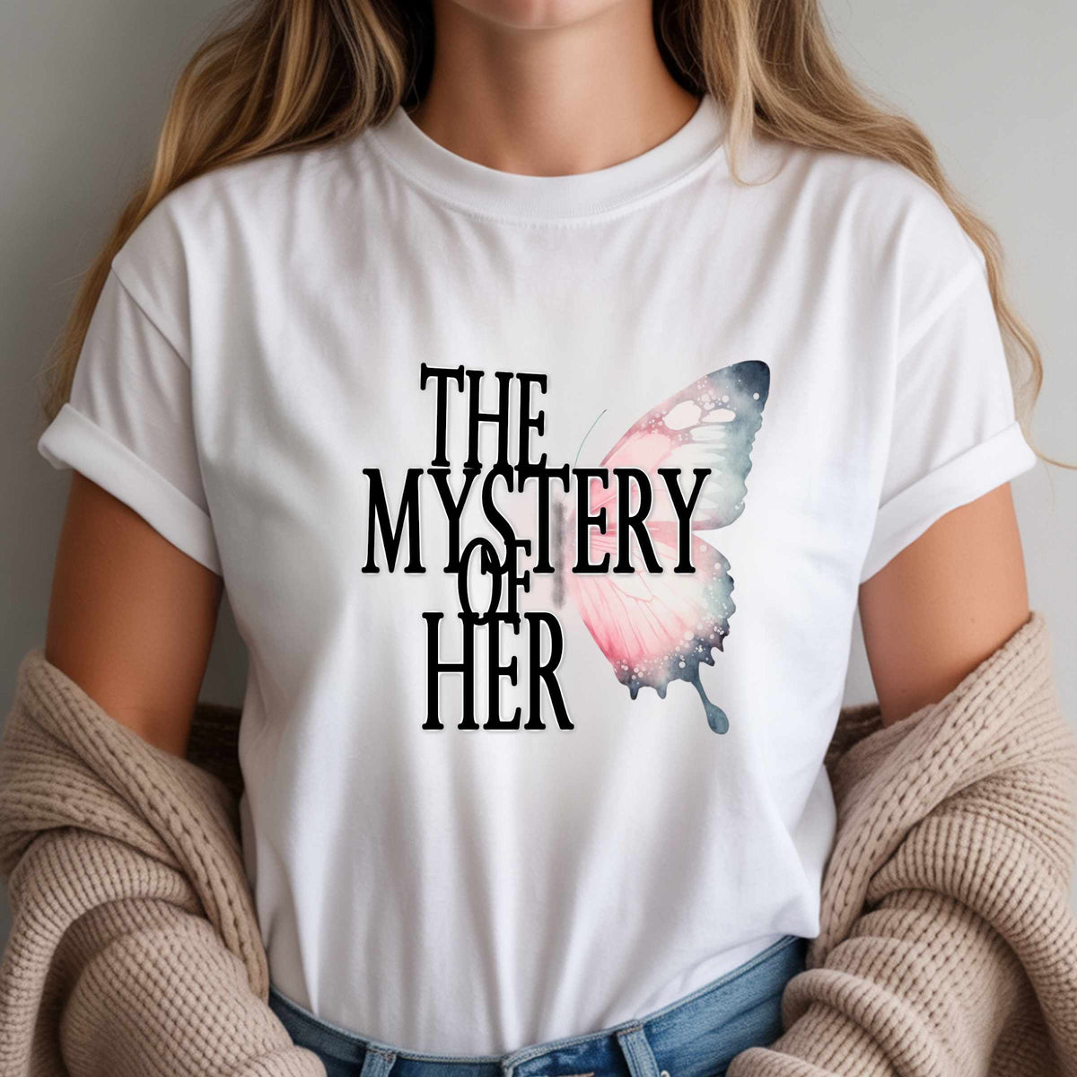 The Mystery of Her Butterfly Tee | Feminine Typography Shirt