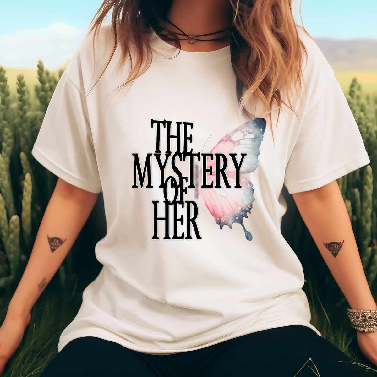 The Mystery of Her Butterfly Tee | Feminine Typography Shirt