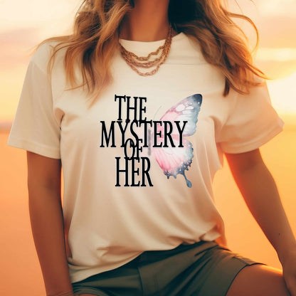 The Mystery of Her Butterfly Tee | Feminine Typography Shirt