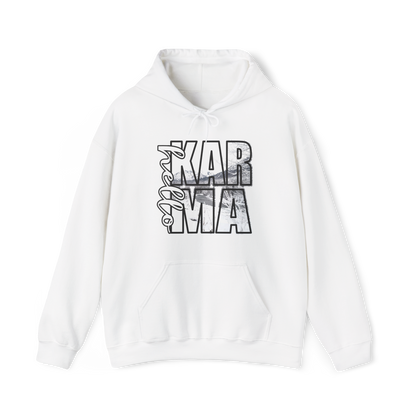 HELLO Karma Winter Hoodie Sweatshirt, Cozy Unisex Graphic Pullover, Positive Vibes Streetwear, Casual Warm Hooded Sweater, Gift Idea